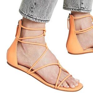 SCHUTZ Fabia Strappy Sandals Neon Orange Leather Gladiator Flat Size 7.5
